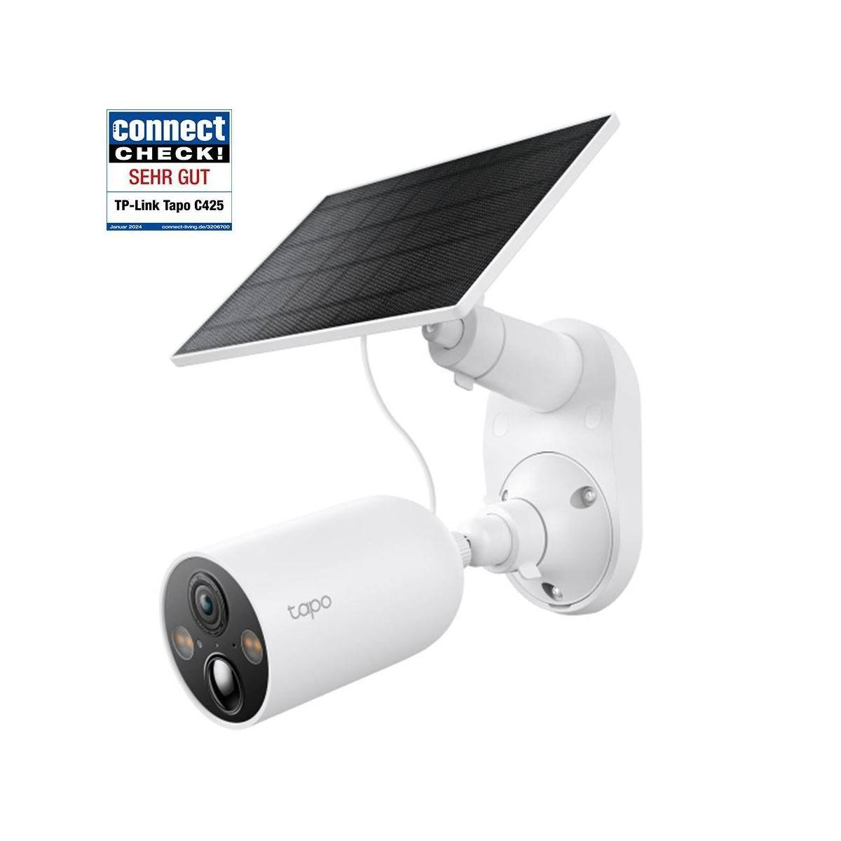 TP-Link Tapo C425 solarbetriebene Außensicherheitskamera mit angebrachtem Solarpanel, gezeigt auf weißem Hintergrund mit „Connect Check