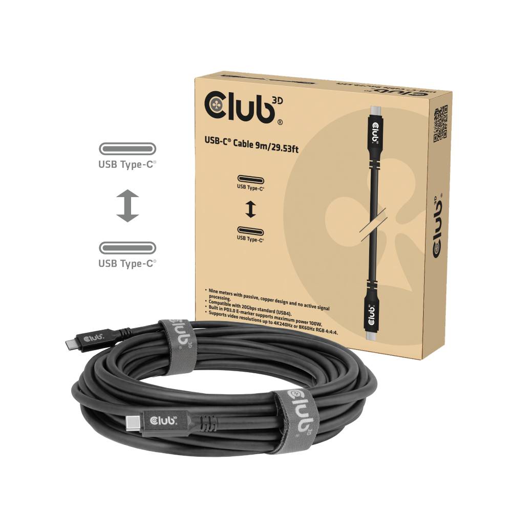 Produktbild eines Club 3D USB-C-Kabels, 9 m/29,53 ft, mit aufgewickeltem Kabel vor Einzelhandelverpackung und USB Type-C-Etiketten.