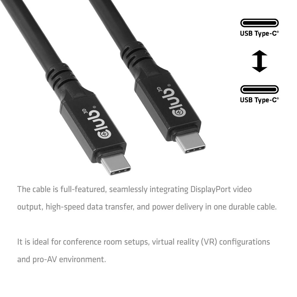 Zwei USB-Typ-C-Kabelenden, die mit einer bidirektionalen USB-Typ-C-Beschriftung angezeigt werden; Der Text besagt, dass das Kabel DisplayPort-Video, Datenübertragung und Stromversorgung für Konferenzräume, VR und professionelle AV-Anwendungen kombiniert.