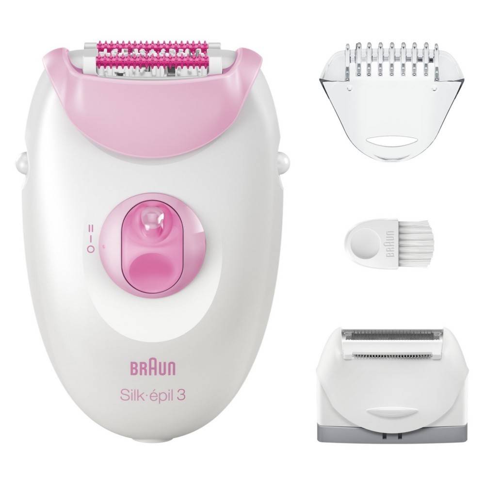 Braun Silk-épil 3 rosa-weißer Epilierer mit gezeigten Aufsätzen, einschließlich eines Rasierkopfes, einer Trimmkappe und des Hauptgeräts.
