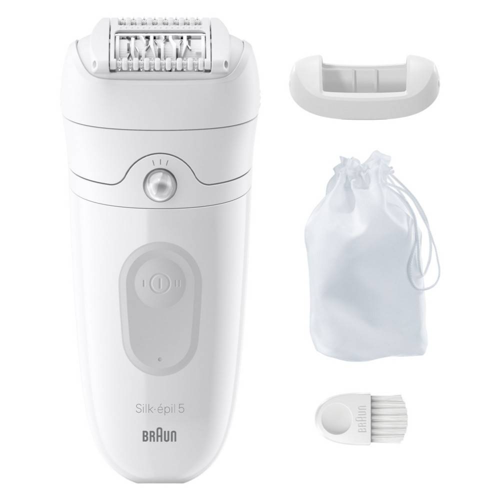 Braun Silk-épil 5 schnurloses Epiliergerät dargestellt mit Kappe, Reinigungsbeutel und Bürstenzubehör auf weißem Hintergrund.