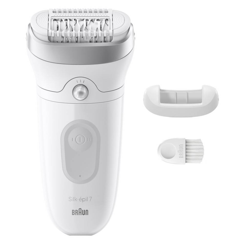 Braun Silk-épil 7 Epilierer mit zwei Aufsätzen, die neben dem Gerät auf weißem Hintergrund gezeigt werden.