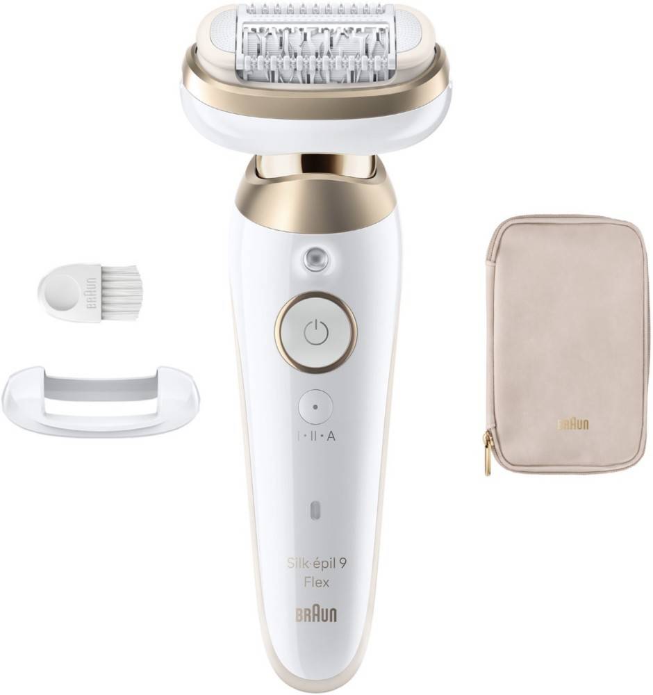 Braun Silk-épil 9 Flex Epilierer mit Aufsätzen und einer verschließbaren Aufbewahrungstasche auf weißem Hintergrund.