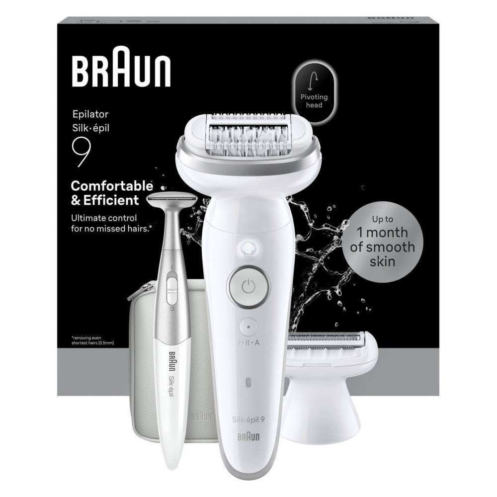 Braun Silk-épil 9 Epiliergerät-Paket mit Gerät, schwenkbarem Kopf und Trimmeraufsatz; verspricht bis zu 1 Monat glatte Haut.