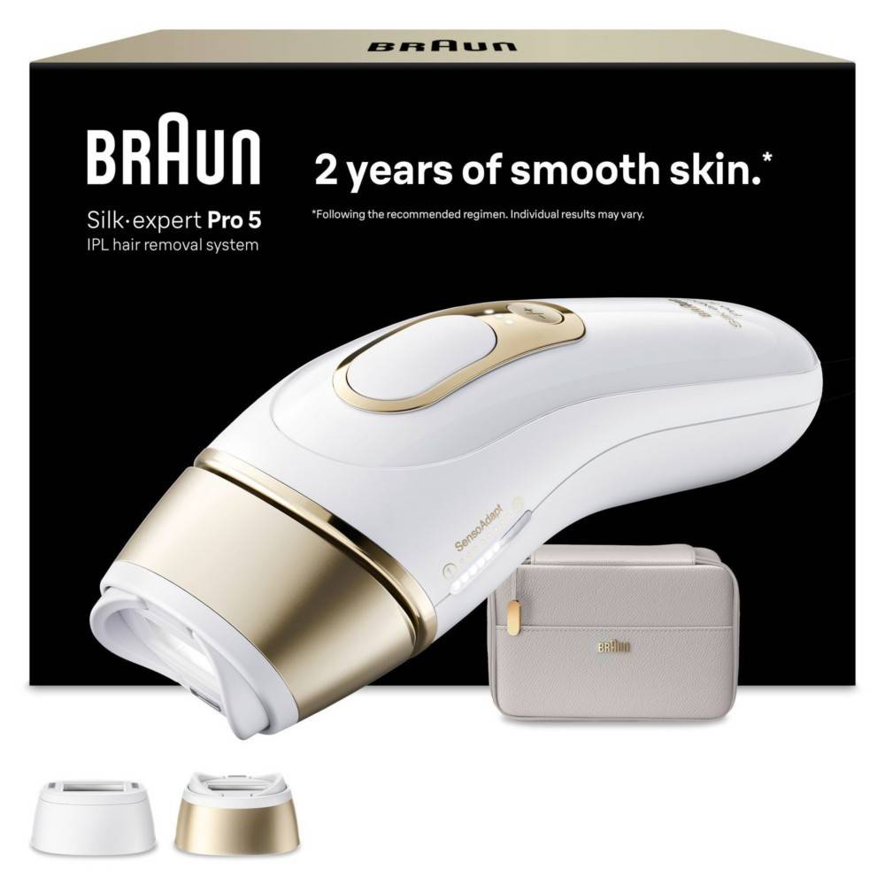 Braun Silk-expert Pro 5 IPL-Haarentfernungssystem mit Kasten, Gerät und zwei Aufsatzköpfen, gekennzeichnet mit „2 Jahre glatte Haut