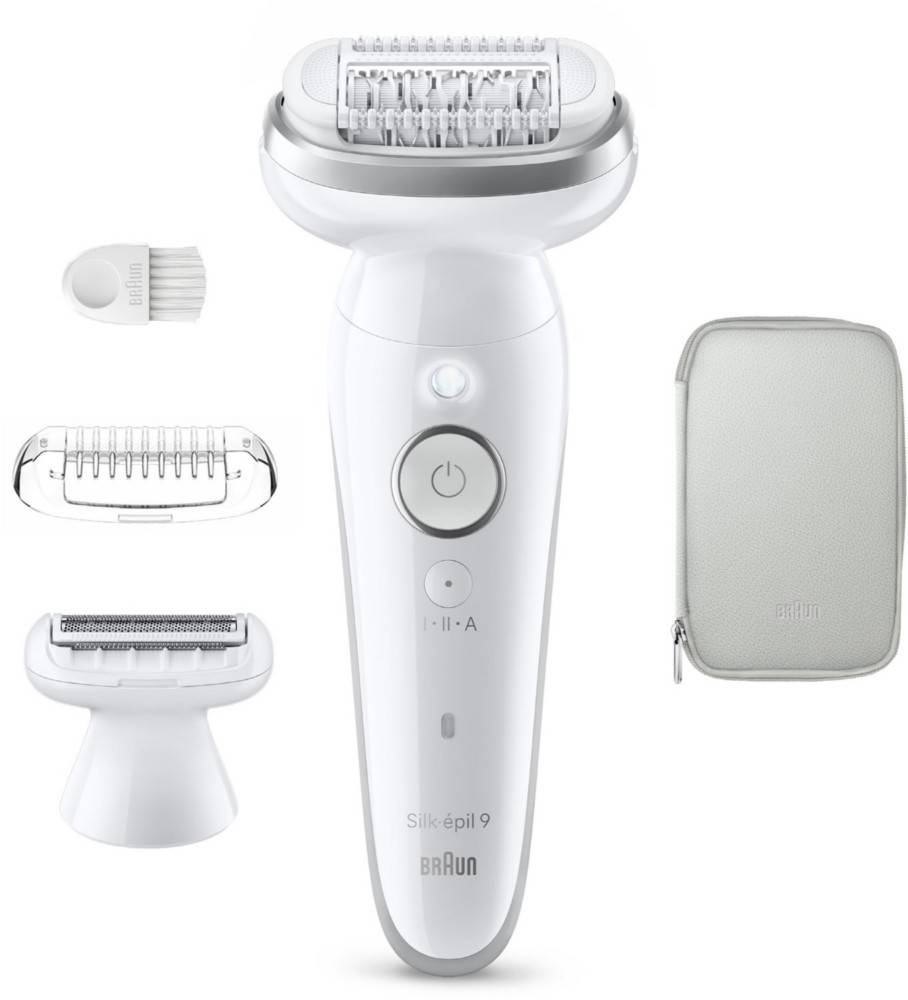 Braun Silk-épil 9 elektrischer Epilierer mit drei austauschbaren Köpfen, einer Kappe und einem Aufbewahrungsetui auf weißem Hintergrund.