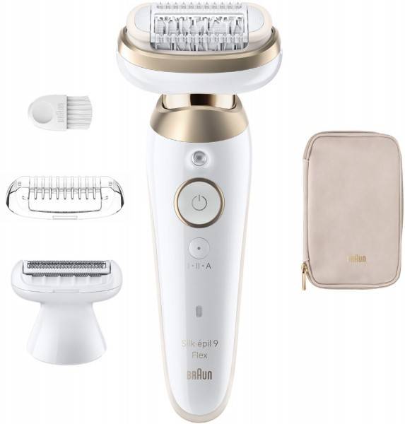 Braun Silk-épil 9 Flex Epilierer mit austauschbaren Aufsätzen, Reinigungsbürste und Transportetui auf weißem Hintergrund.