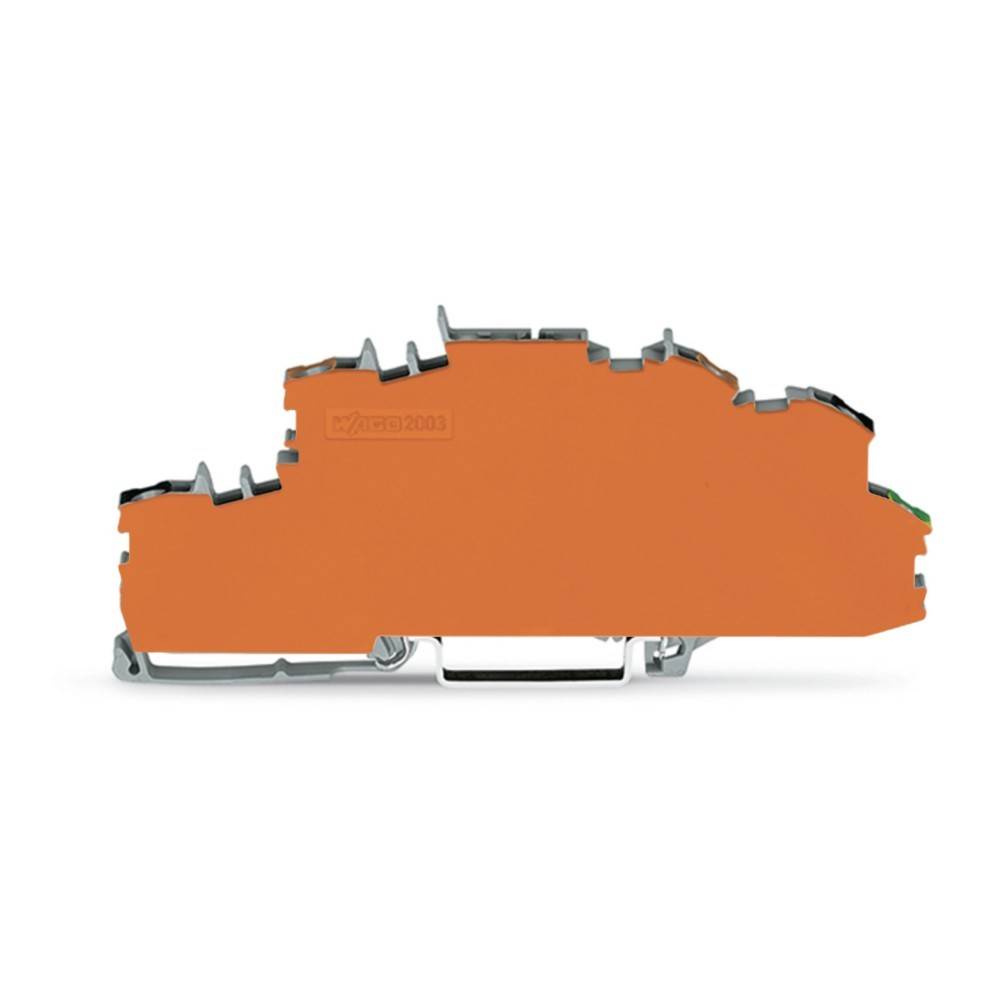 Oranges Elektroklemmenblock mit mehreren Metallverbindungspunkten, gezeigt in Seitenansicht auf weißem Hintergrund.