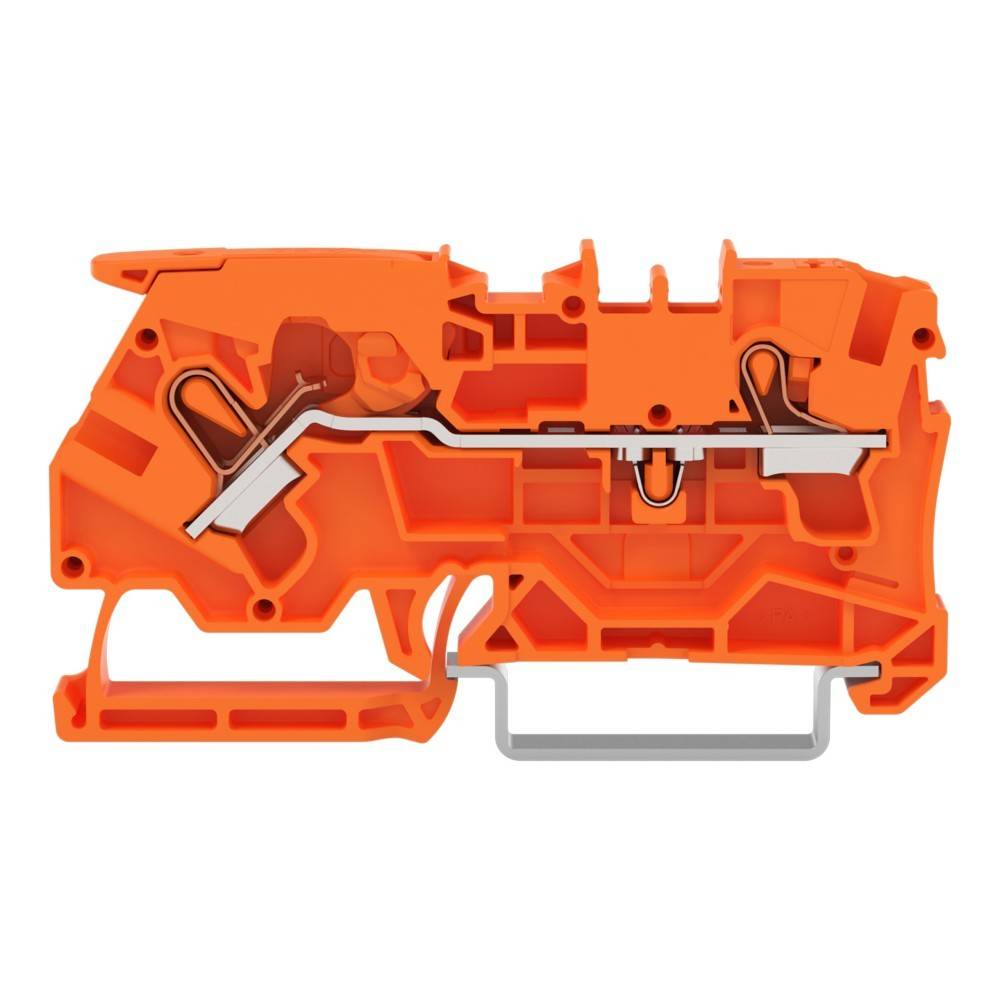 Orange Querschnitt einer Electrical-Klemmenleiste mit Darstellung der internen Metallleiter, Klemmen und Verbindungswege für Drähte.