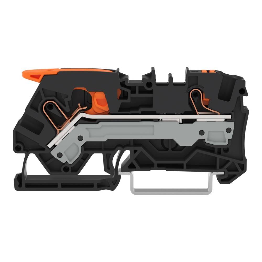 Schnittansicht einer mechanischen Auslöseanordnung mit schwarzem Gehäuse, orangefarbenen Betätigungsteilen und einem Metallhebel in einem kompakten Gerät.