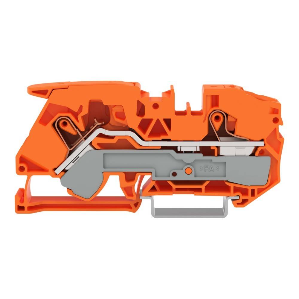 Querschnittsdiagramm eines orangefarbenen Elektrosteckers mit Darstellung der internen Metallkontakte und des Federmechanismus.