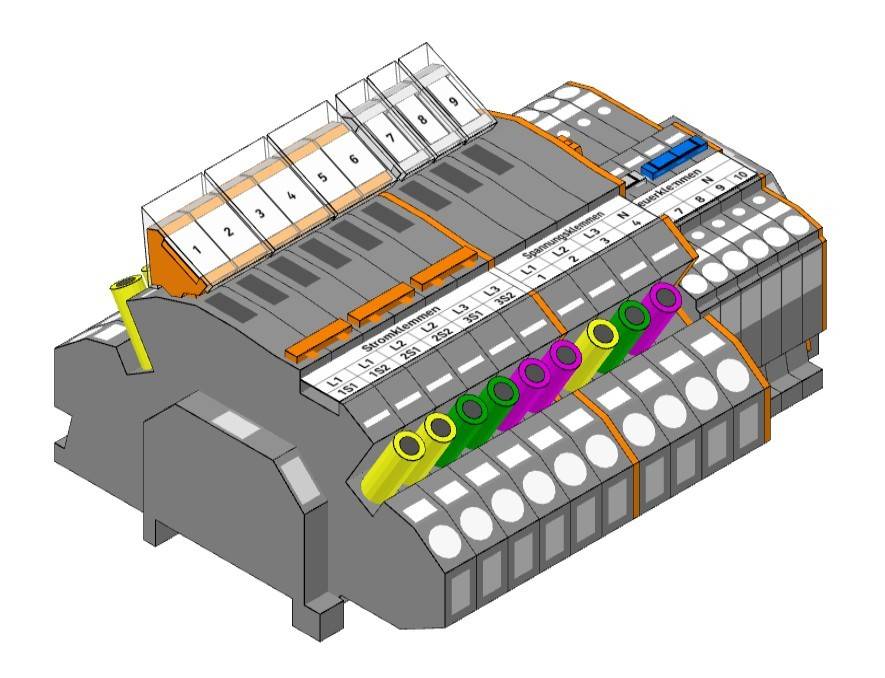 3D-Schnittdiagramm einer Elektroanschlussklemme mit nummerierten Drahtverbindungssteckplätzen und farbcodierten Anschlüssen auf einem grauen modularen Gehäuse.
