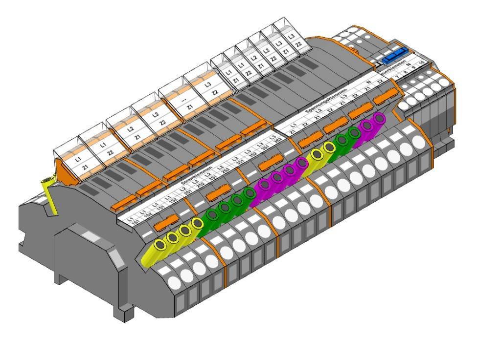 3D-Schnittansicht eines modularen Industrie-Batteriepacks mit Zellenreihen, Verkabelung und orange hervorgehobenen internen Komponenten in einem grauen Gehäuse.