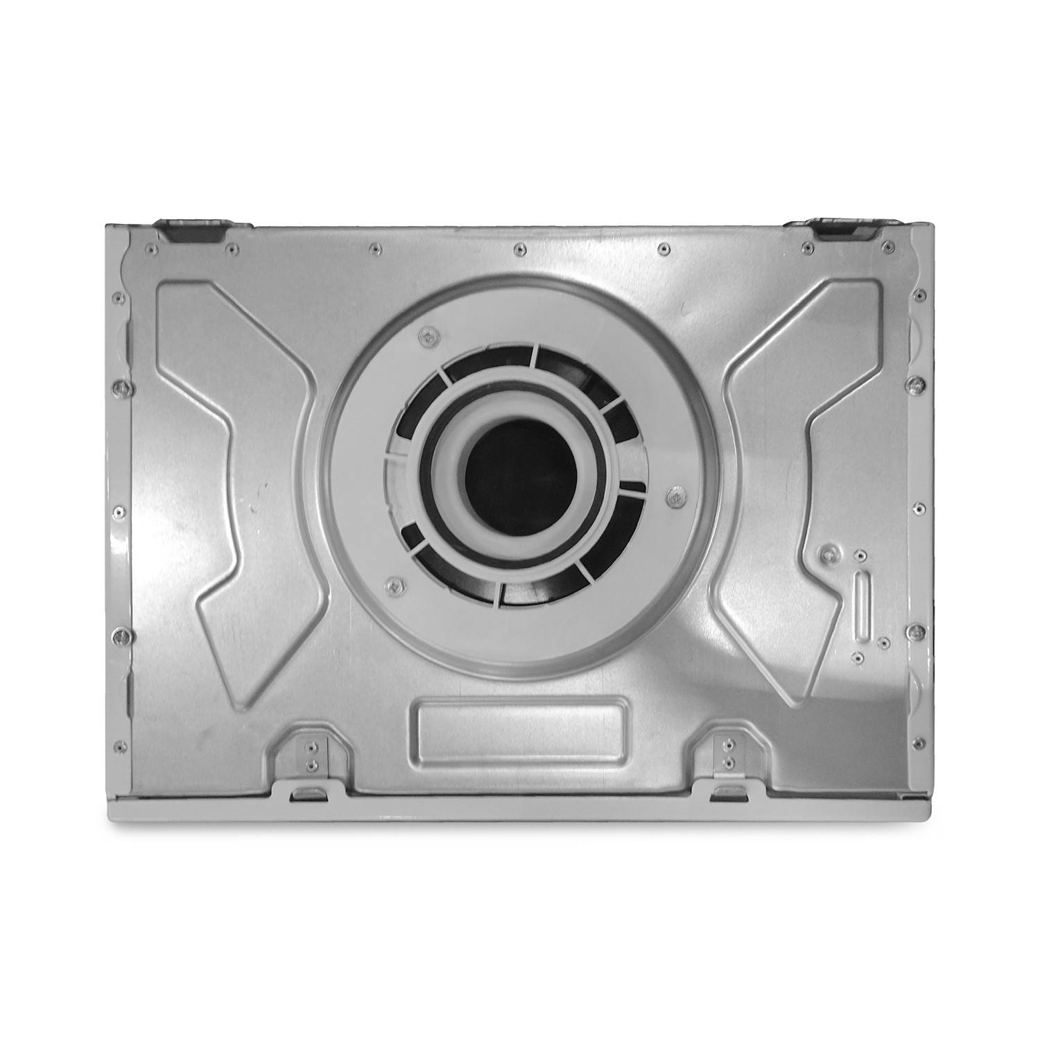 Ein silberfarbenes Metallgeräte-Rückpanel mit einer zentralen kreisförmigen Belüftungs- oder Lüfteröffnung, isoliert auf weißem Hintergrund dargestellt.