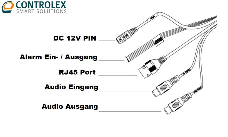 Controlx intelligente Lösungen Schaltplan mit fünf gekennzeichneten Anschlüssen: DC 12V-Pin, Alarmeingang/-ausgang, RJ45-Anschluss, Audioeingabe und Audioausgang.