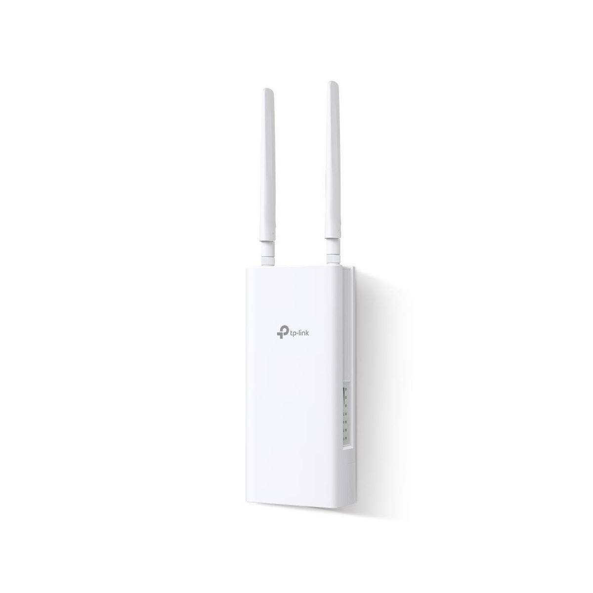 Weißer TP-Link WLAN-Router mit zwei aufrechtstehenden Antennen auf einem einfachen weißen Hintergrund.