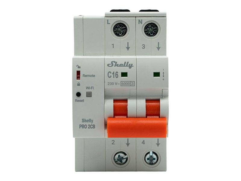 Shelly Pro 2CB Wi-Fi-Schutzschalter mit orangefarbenen Kippschaltern und beschrifteten Anschlüssen auf weißem Hintergrund.