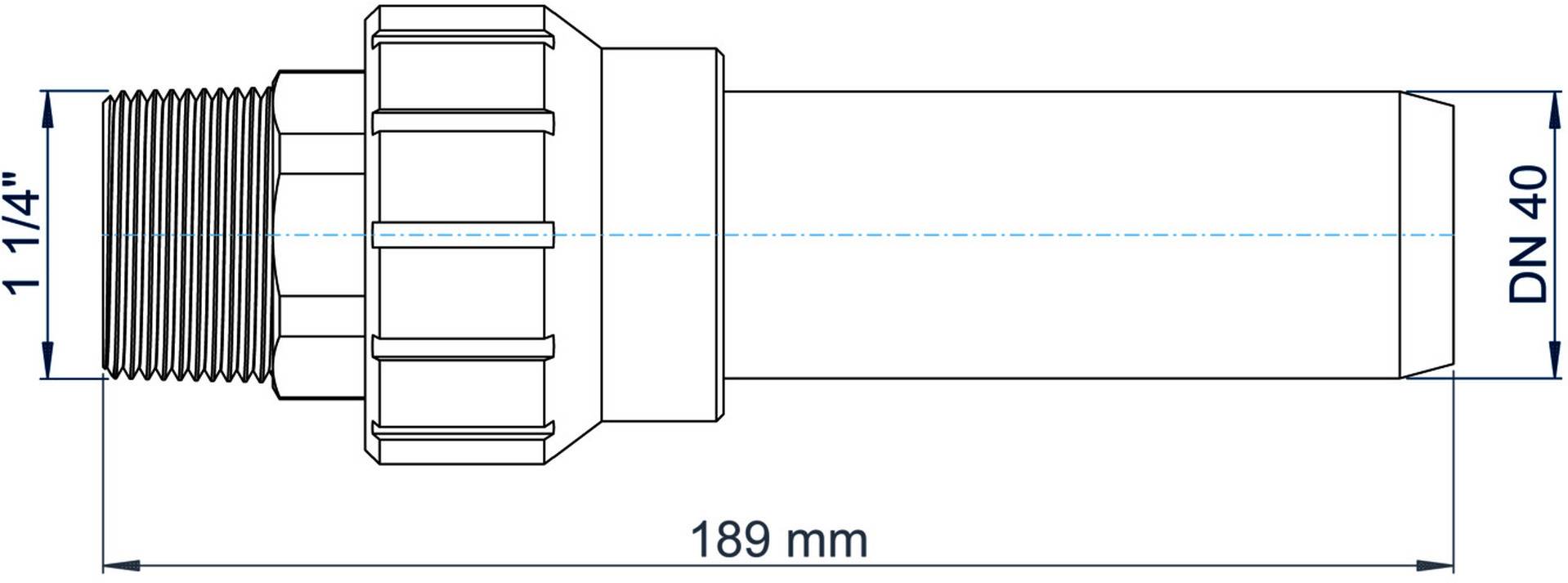 Technische Zeichnung einer Rohrverschraubung mit Gewinde, Seitenansicht mit gekennzeichneten Abmessungen 189 mm Gesamtlänge, 1 1/4 Zoll Gewinde und DN 40 Endflanschgröße.