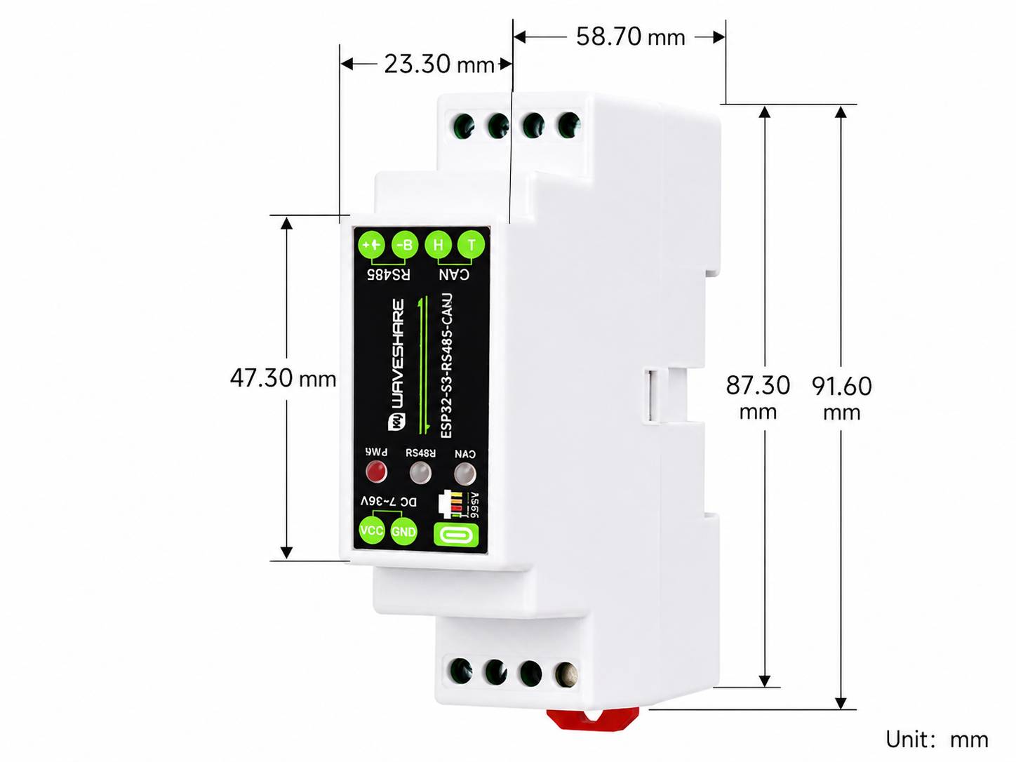 Abmessungsdiagramm eines weißen DIN-Schienen-Moduls mit gekennzeichneten Maßen in Millimetern: 23,30 mm, 47,30 mm, 58,70 mm, 87,30 mm und 91,60 mm.