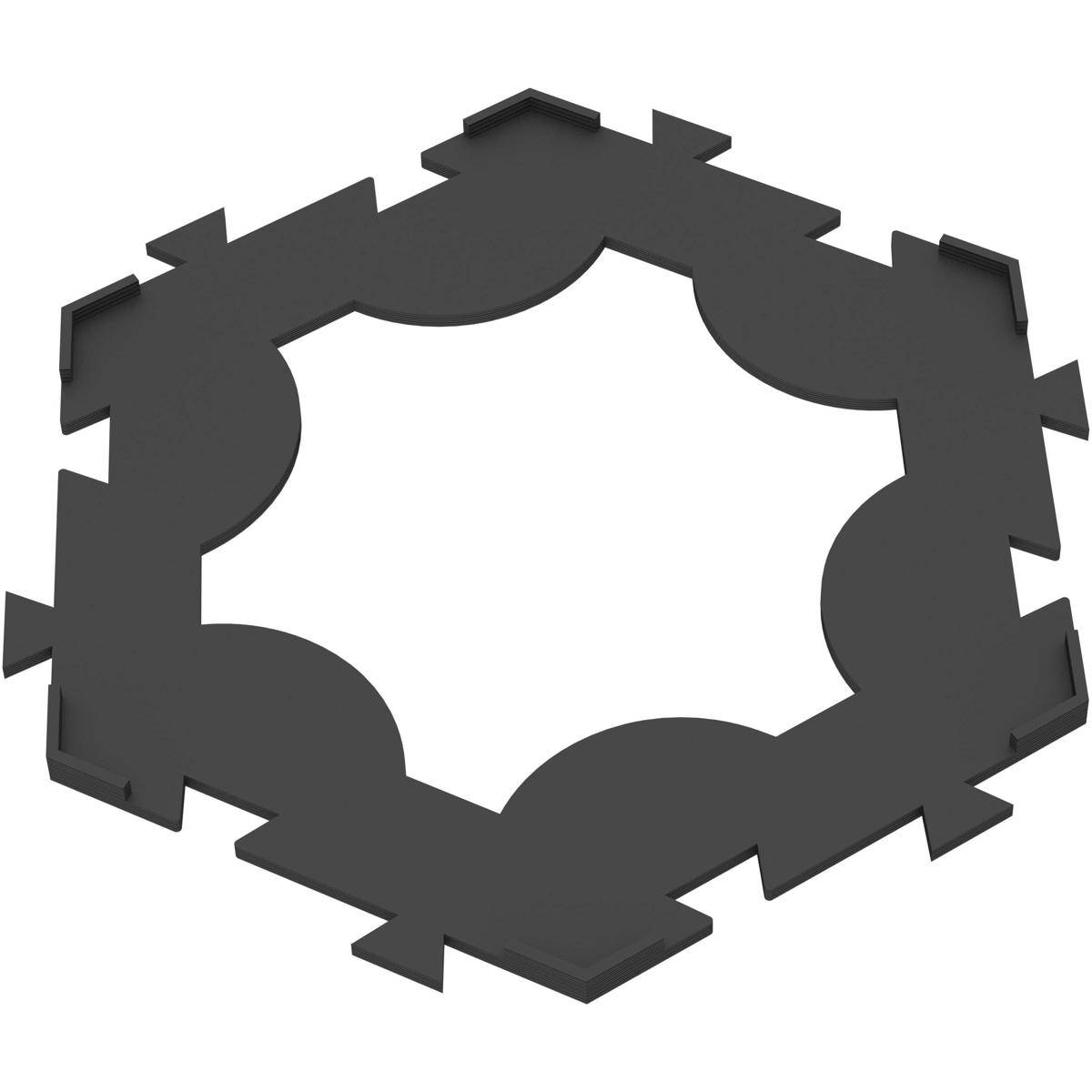Dunkelgrauer sechseckiger Puzzle-ähnlicher Ring mit ineinandergreifenden Laschen, die eine hohle Mitte auf weißem Hintergrund bilden.