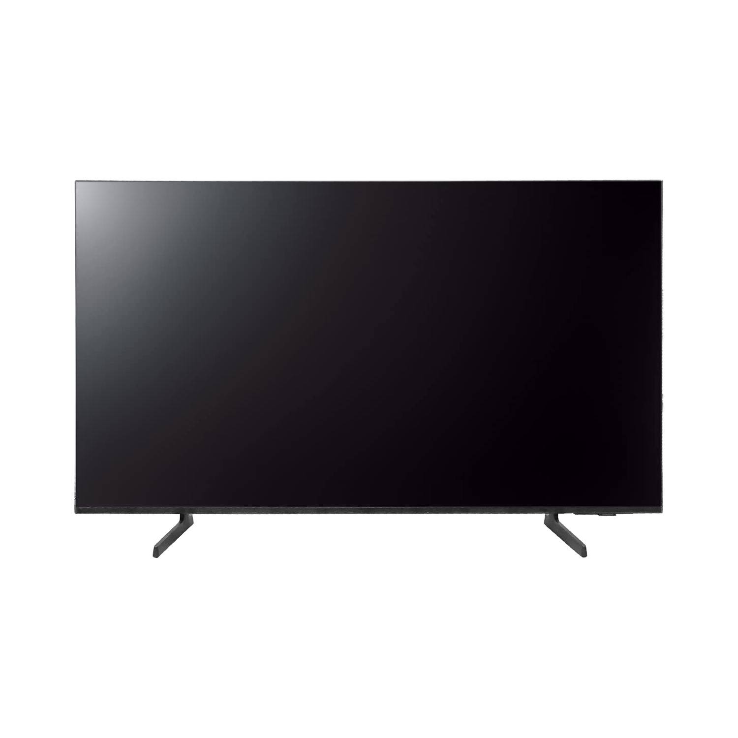 Schwarzer Flachbildfernseher auf weißem Hintergrund, frontal dargestellt mit zwei abgewinkelten Standfüßen.
