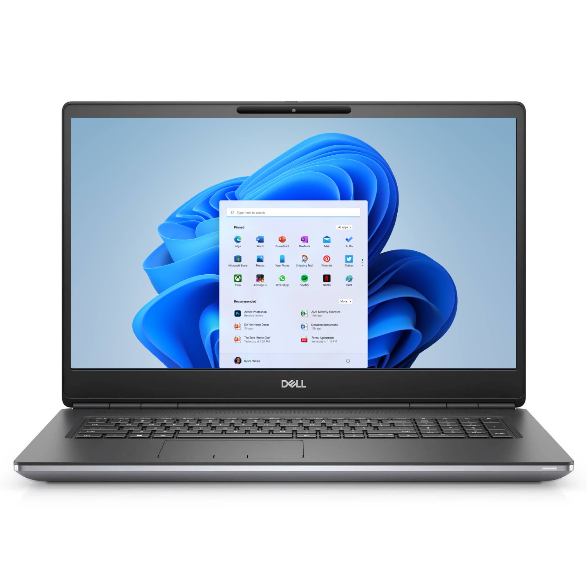 Ein Dell-Laptop zeigt den Windows 11-Desktop mit dem geöffneten Startmenü an.