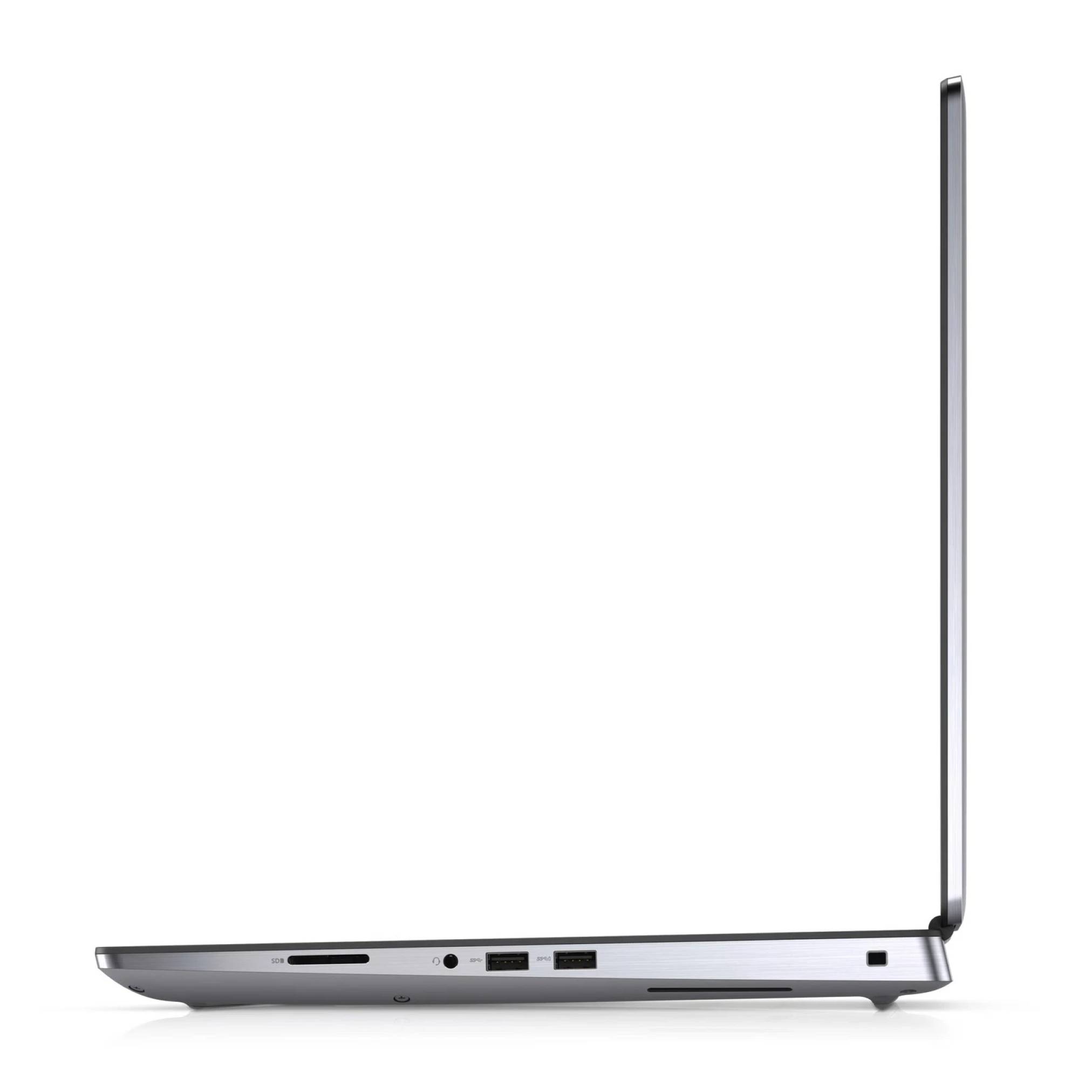 Seitenansicht eines geschlossenen silbernen Laptops mit geöffnetem Deckel in fast vertikaler Position, die das dünne Profil und die Seitenports auf weißem Hintergrund zeigen.