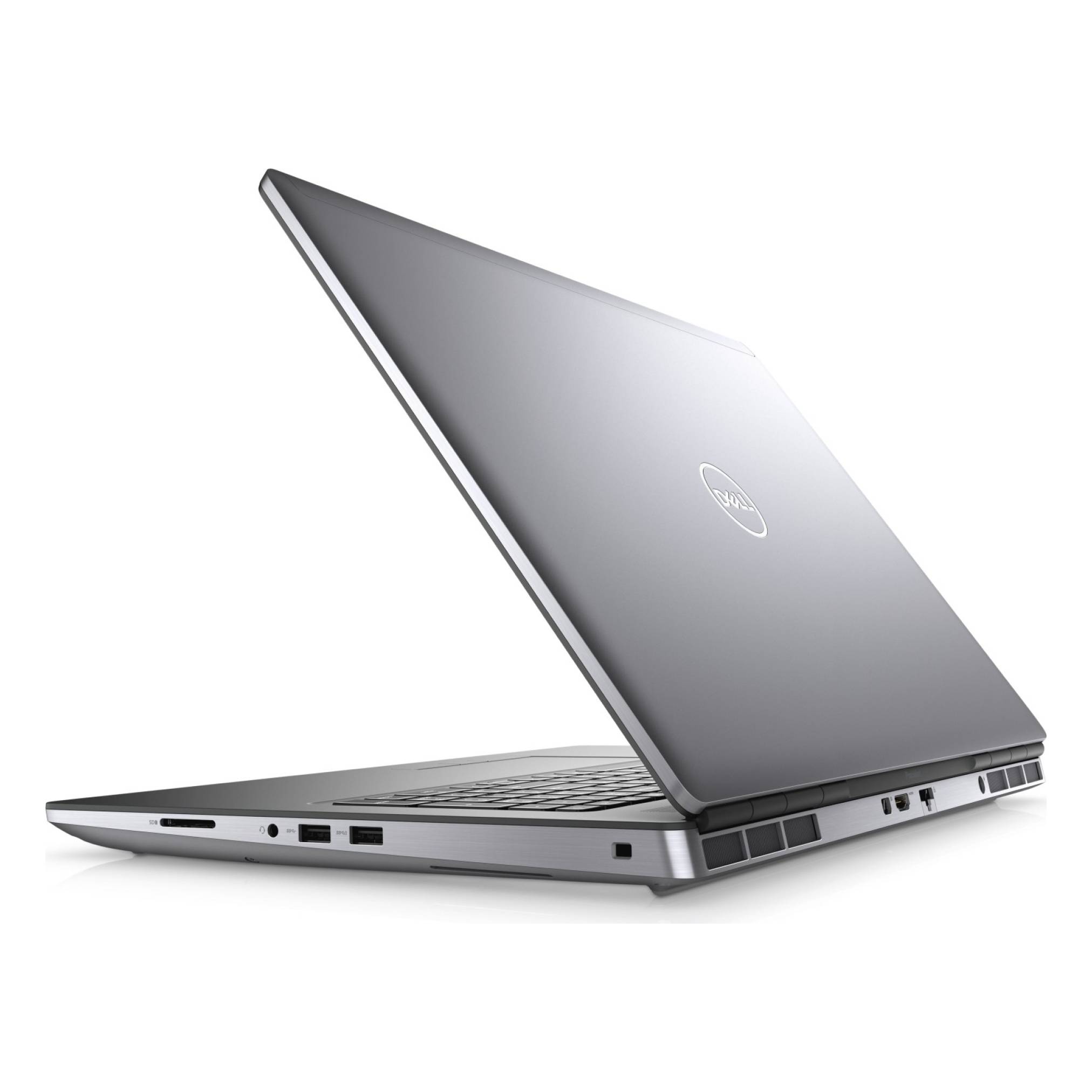Silberner Dell-Laptop in Seitenansicht auf weißem Hintergrund geöffnet, mit sichtbaren Anschlüssen entlang der linken und rechten Kanten.