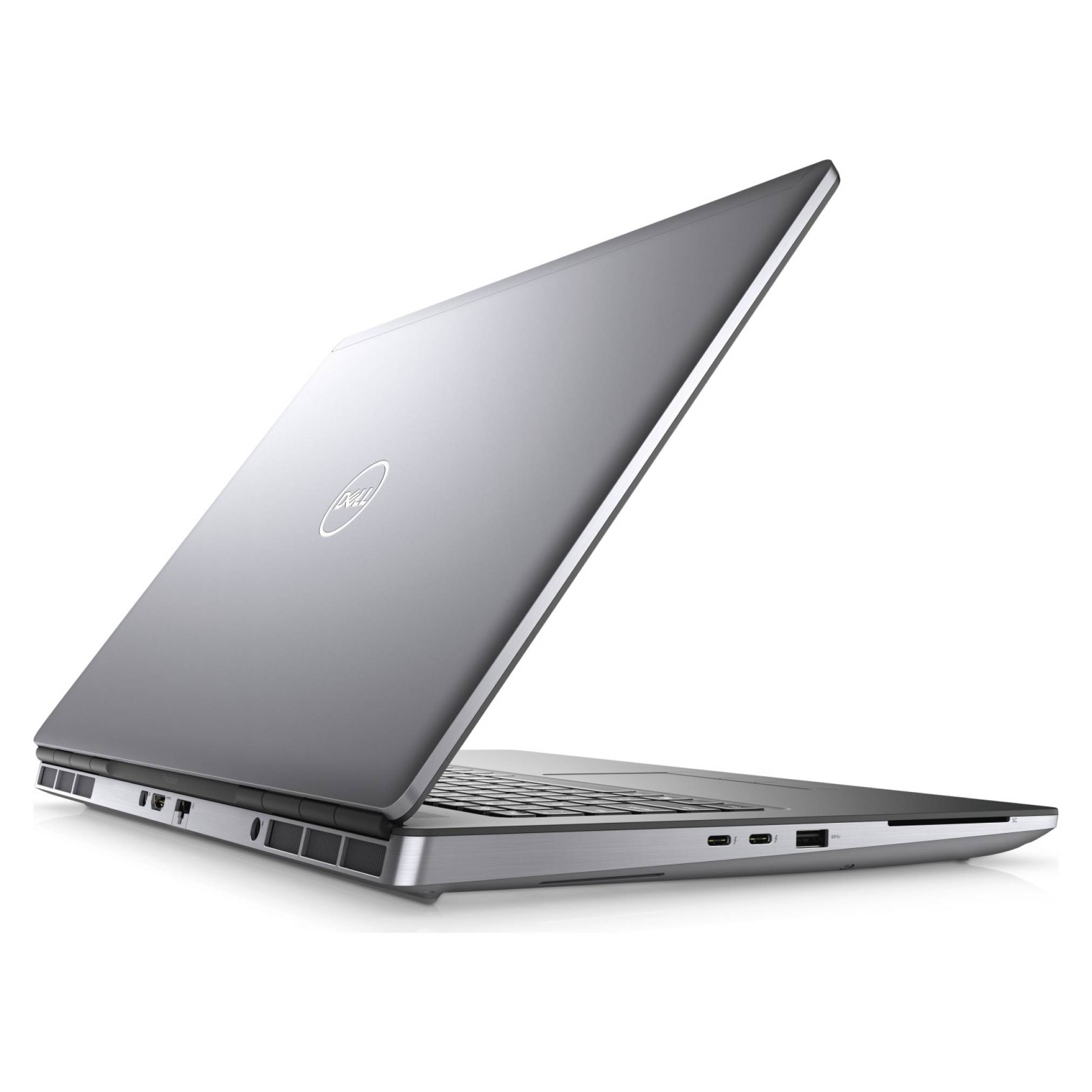 Silberner Dell-Laptop, teilweise aufgeklappt, in Seitenansicht vor weißem Hintergrund dargestellt.