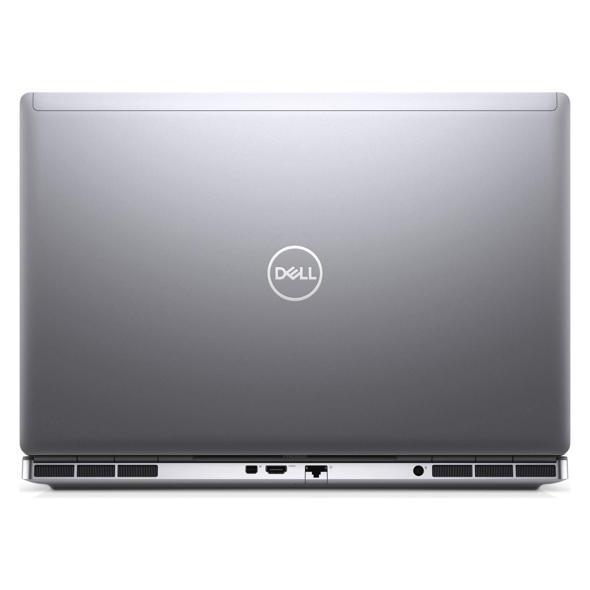 Geschlossener silberner Dell-Laptop, von hinten gezeigt, mit zentriertem Dell-Logo und hinteren Anschlüssen, die entlang der unteren Kante sichtbar sind.