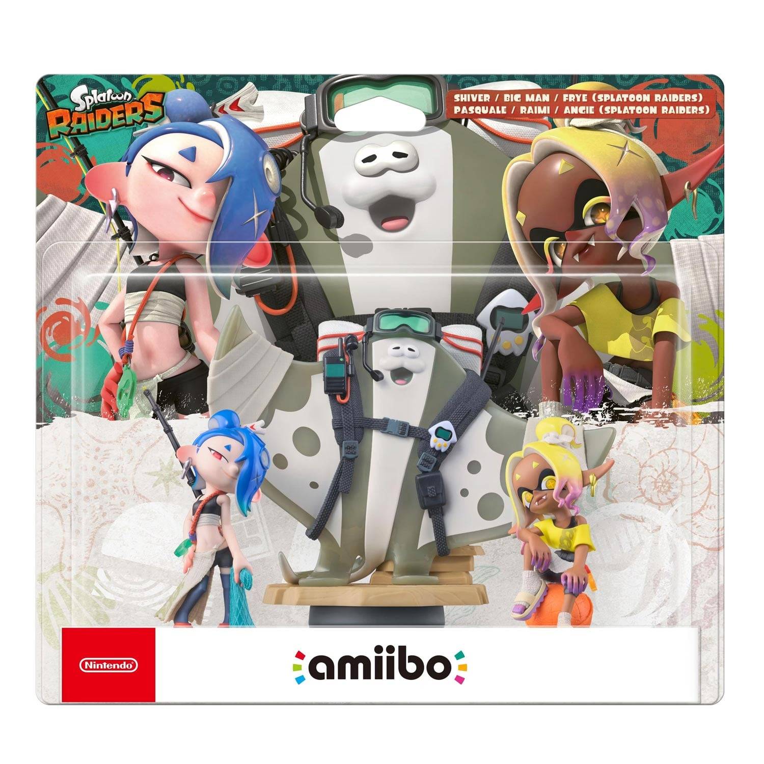 Werbebild von Splatoon Raiders amiibo-Figuren, das stilisierte Charaktere um eine zentrale Figur mit Nintendo- und amiibo-Logos zeigt.