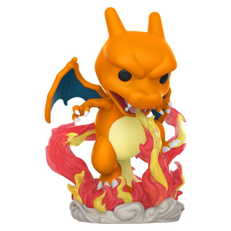 Kleine orangefarbene Drachenfigurine mit blauen Flügeln, stehend auf stilisierten Flammen und einer grauen Basis.