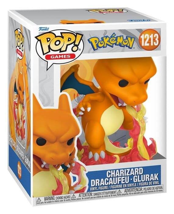 Funko Pop! Games Pokémon Box mit Charizard-Figur, Nummer 1213, in orange-blauer Verpackung.