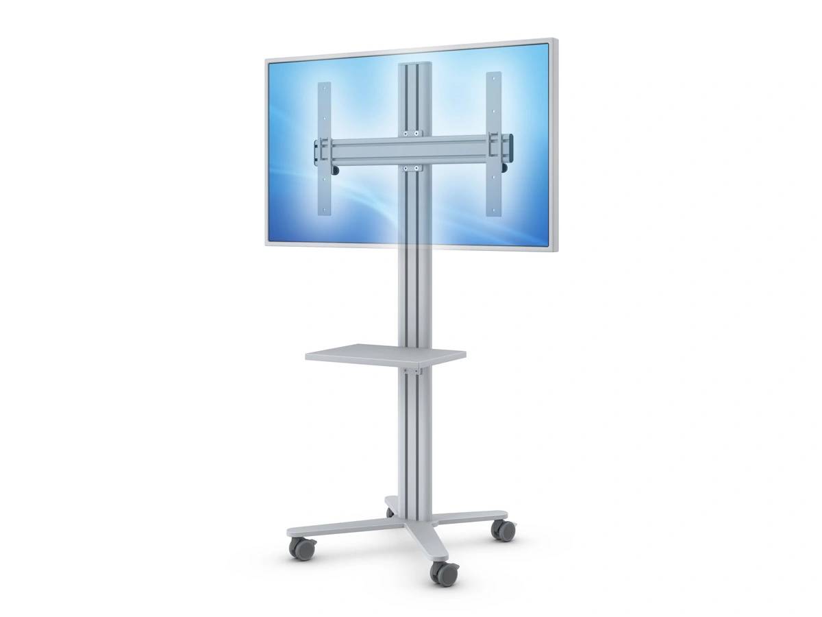 Flachbildfernseher auf einem fahrbaren Standfuß mit zentraler Stützstütze und kleinem Regal.