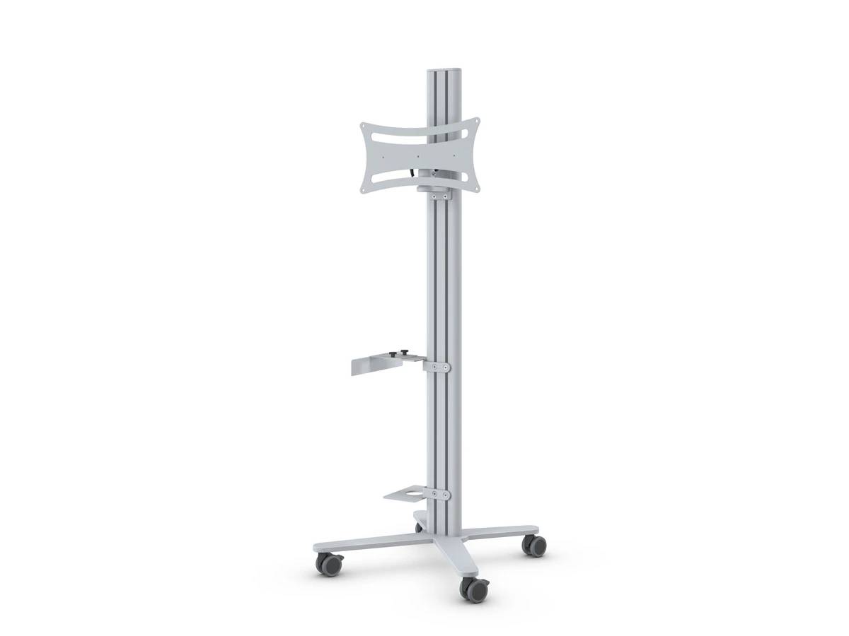 Silberner mobiler Fernseh-Ständer mit verstellbarer Halterung, hohem Mittelmast und vier Lenkrollen auf weißem Hintergrund.
