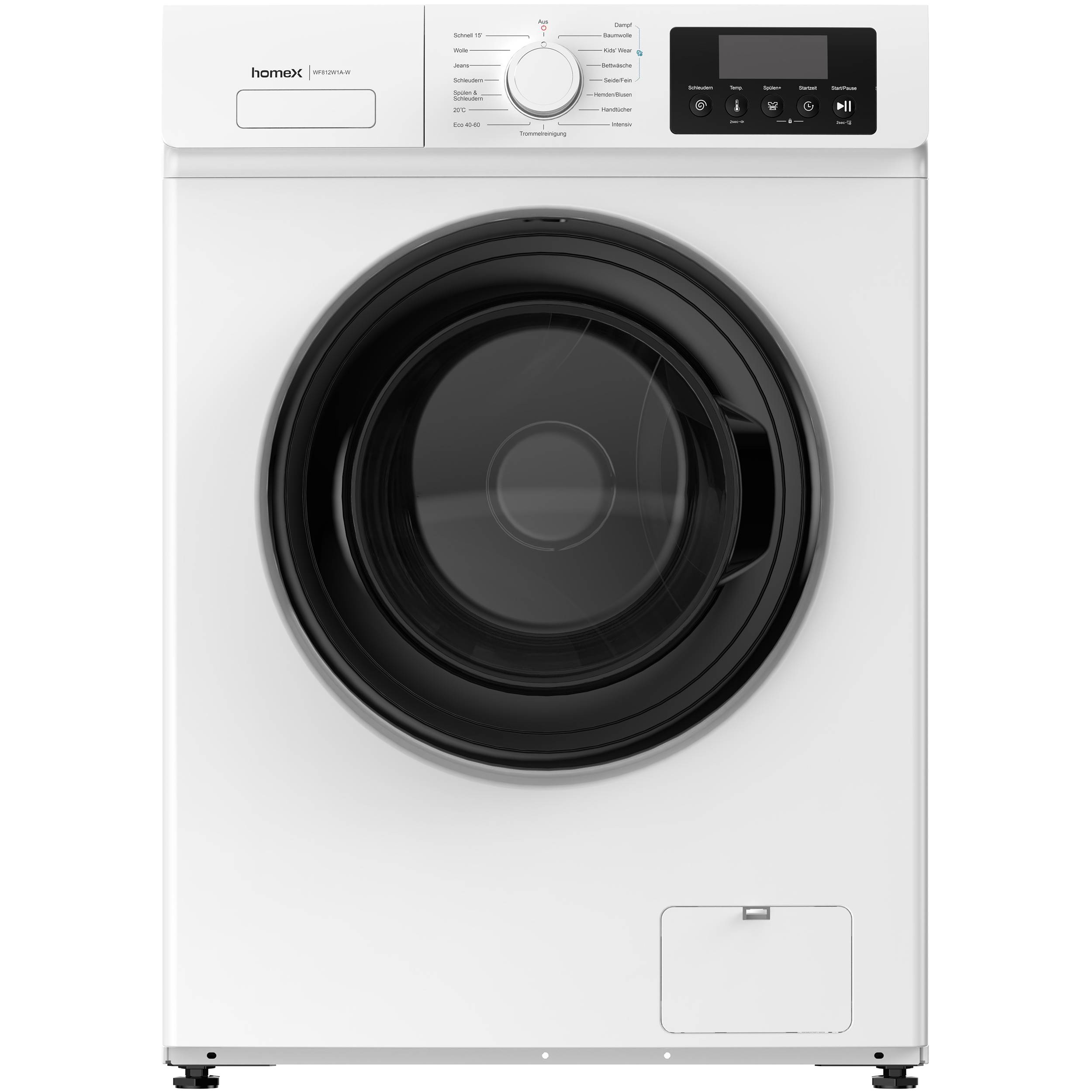 Vorderansicht einer weißen Frontlader-Waschmaschine mit einer großen schwarzen Rundtür, einem Bedienregler und einem digitalen Anzeigefeld.