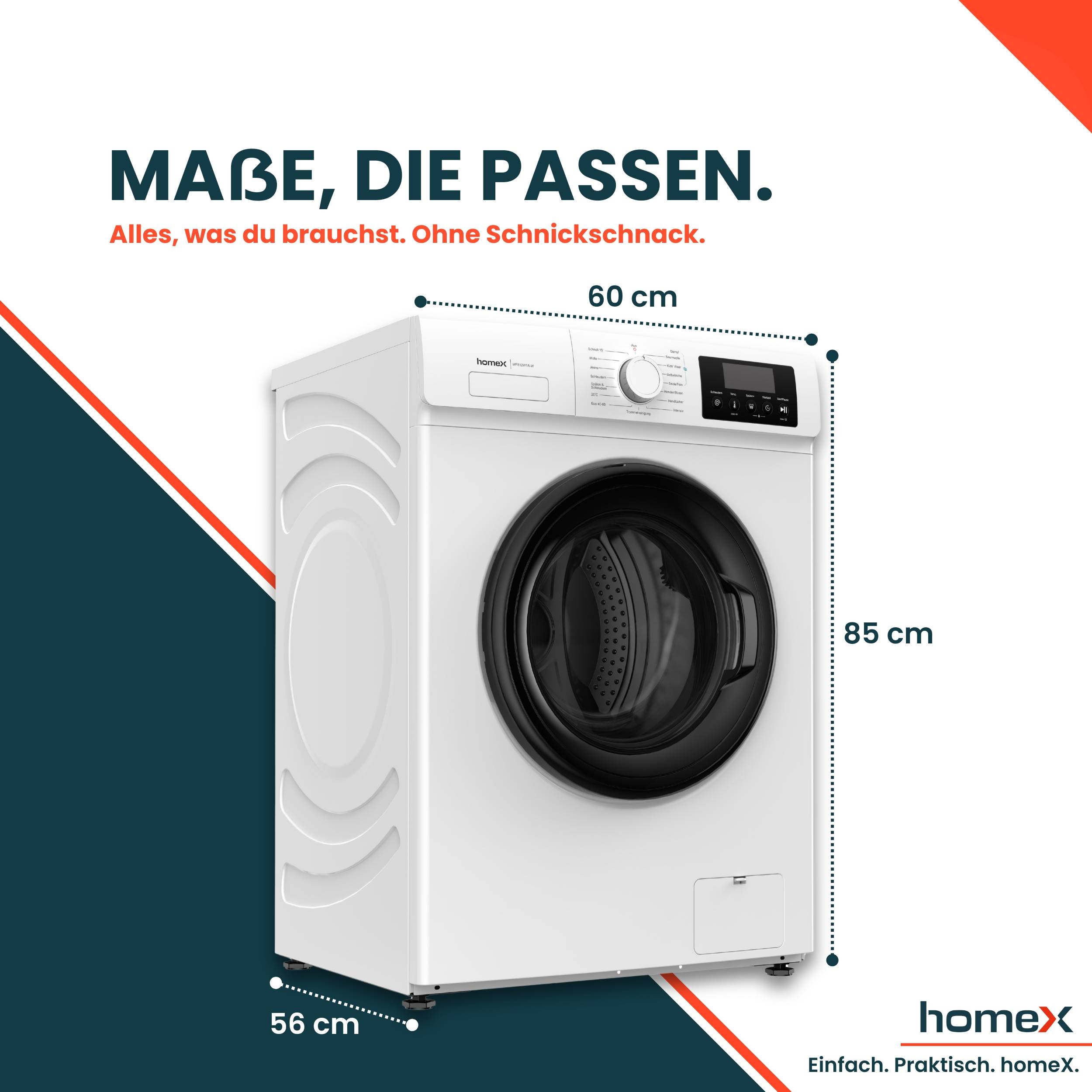 Frontlader-Waschmaschine mit beschrifteten Abmessungen: 60 cm breit, 85 cm hoch, 56 cm tief; Text besagt: 'MAßE, DIE PASSEN.