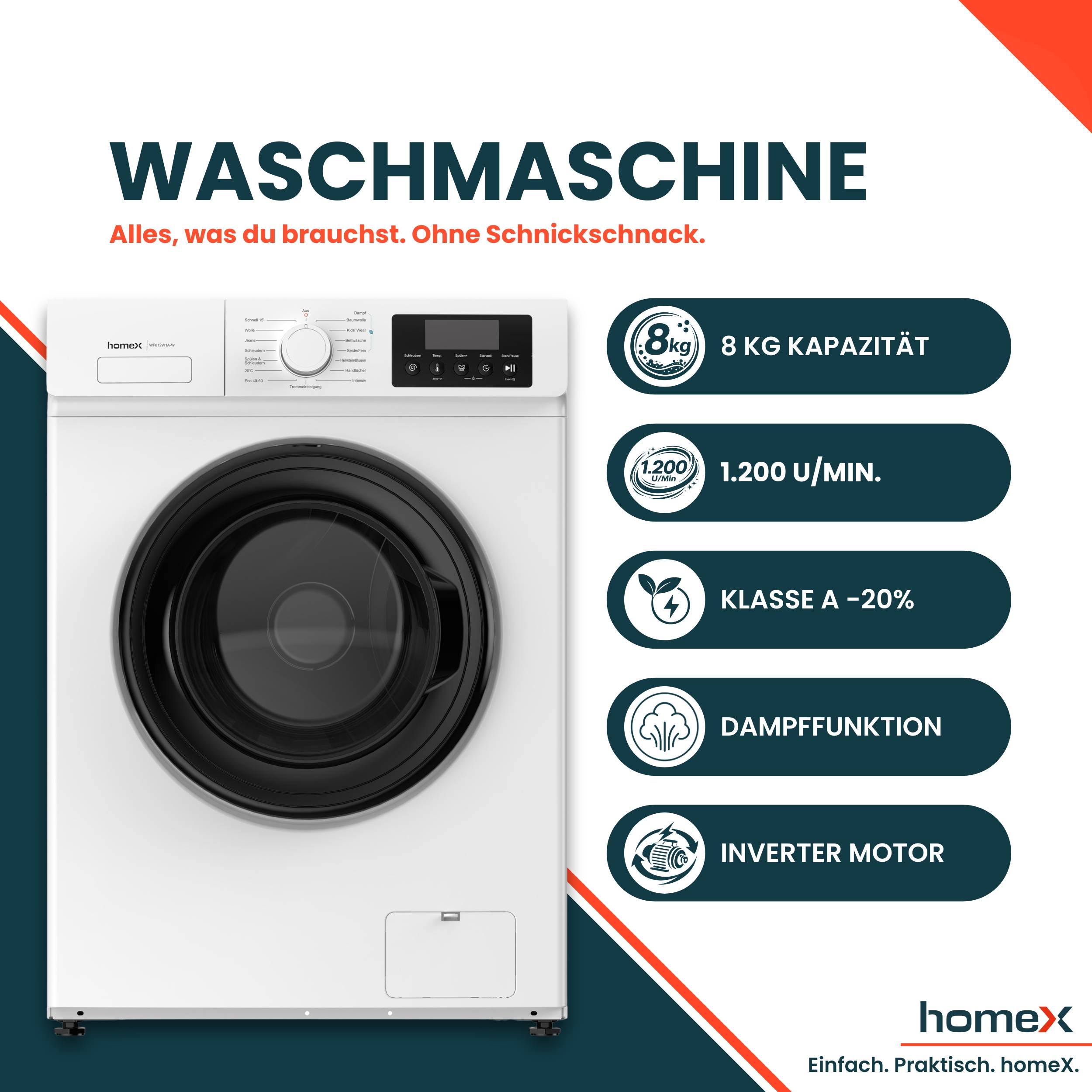 Anzeige für eine HomeX-Waschmaschine mit großem Frontlader-Bild und Funktionssymbolen: 8 kg Kapazität, 1.200 U/min, A -20% Klasse, Dampffunktion, Inverter-Motor.