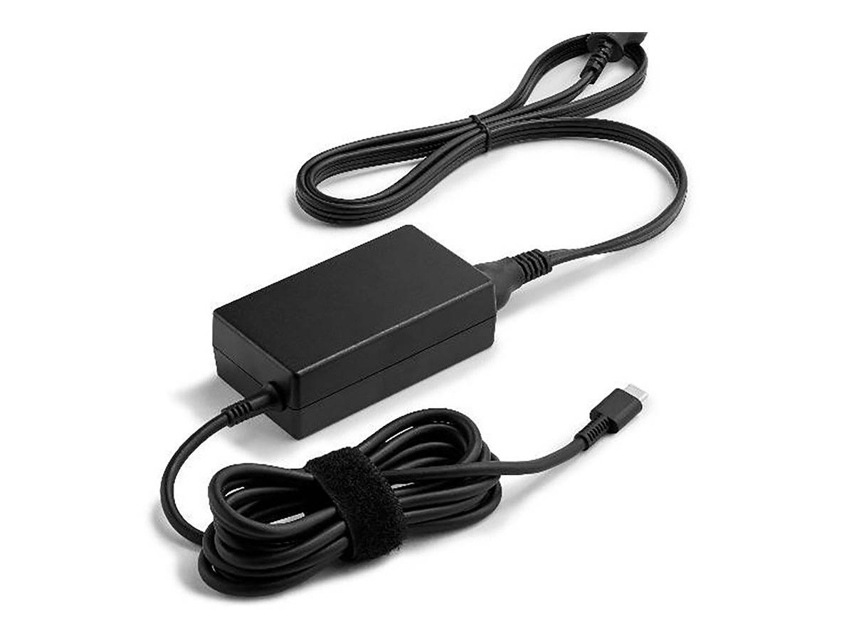 Schwarzer Netzadapter mit angebrachten Kabeln und USB-C-ähnlichem Stecker, gezeigt auf weißem Hintergrund.