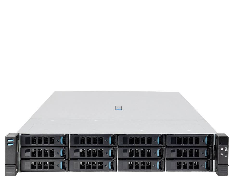 Vorderansicht eines in ein Rack einbaubaren Speicherservers mit 12 Hot-Swap-Laufwerkschächten und vorderen Statussteuerelementen.