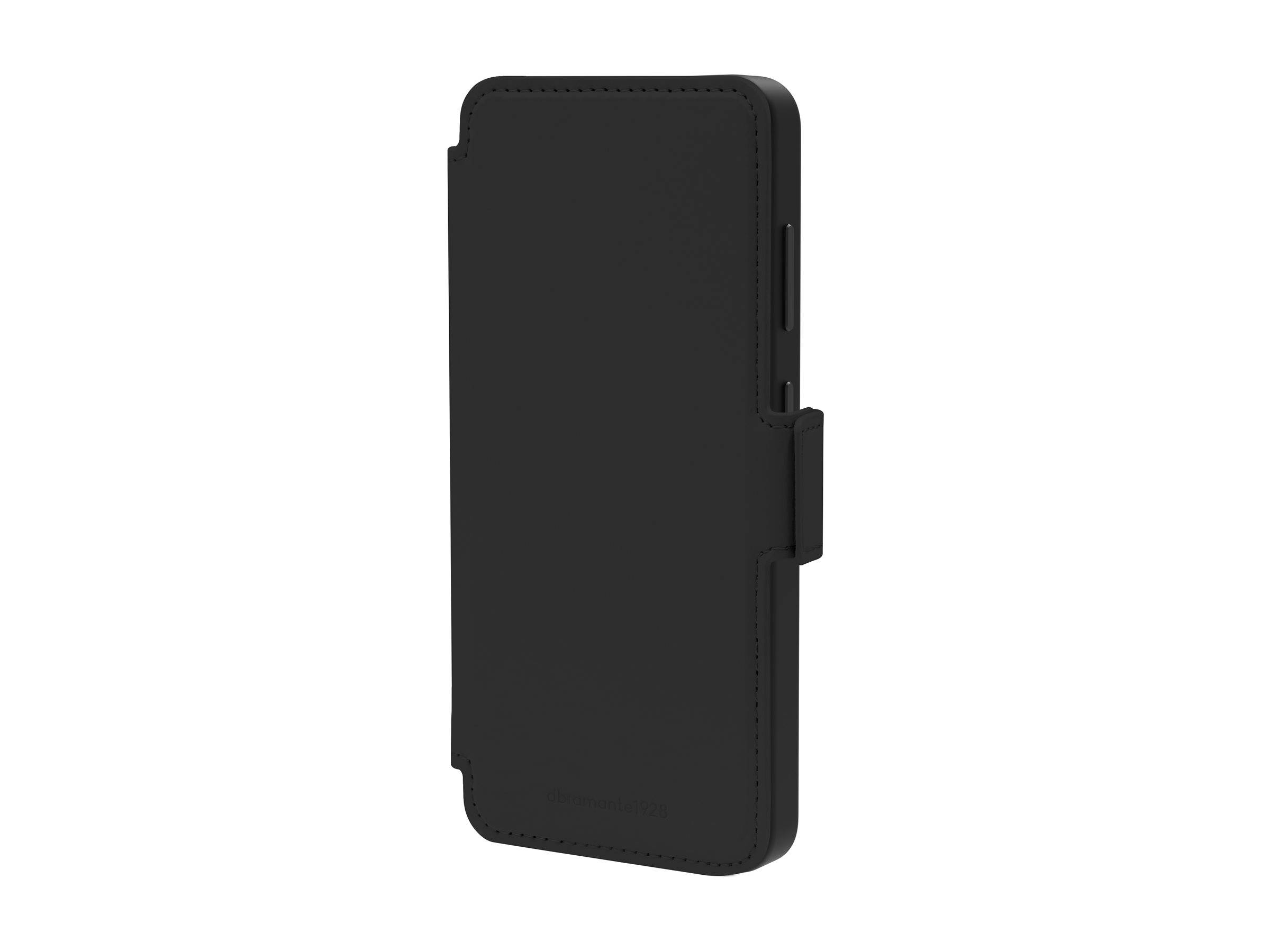Schwarzes Smartphone-Geldbörsen-Case mit vorderer Abdeckung und seitlichem Tab, geschlossen auf weißem Hintergrund dargestellt.