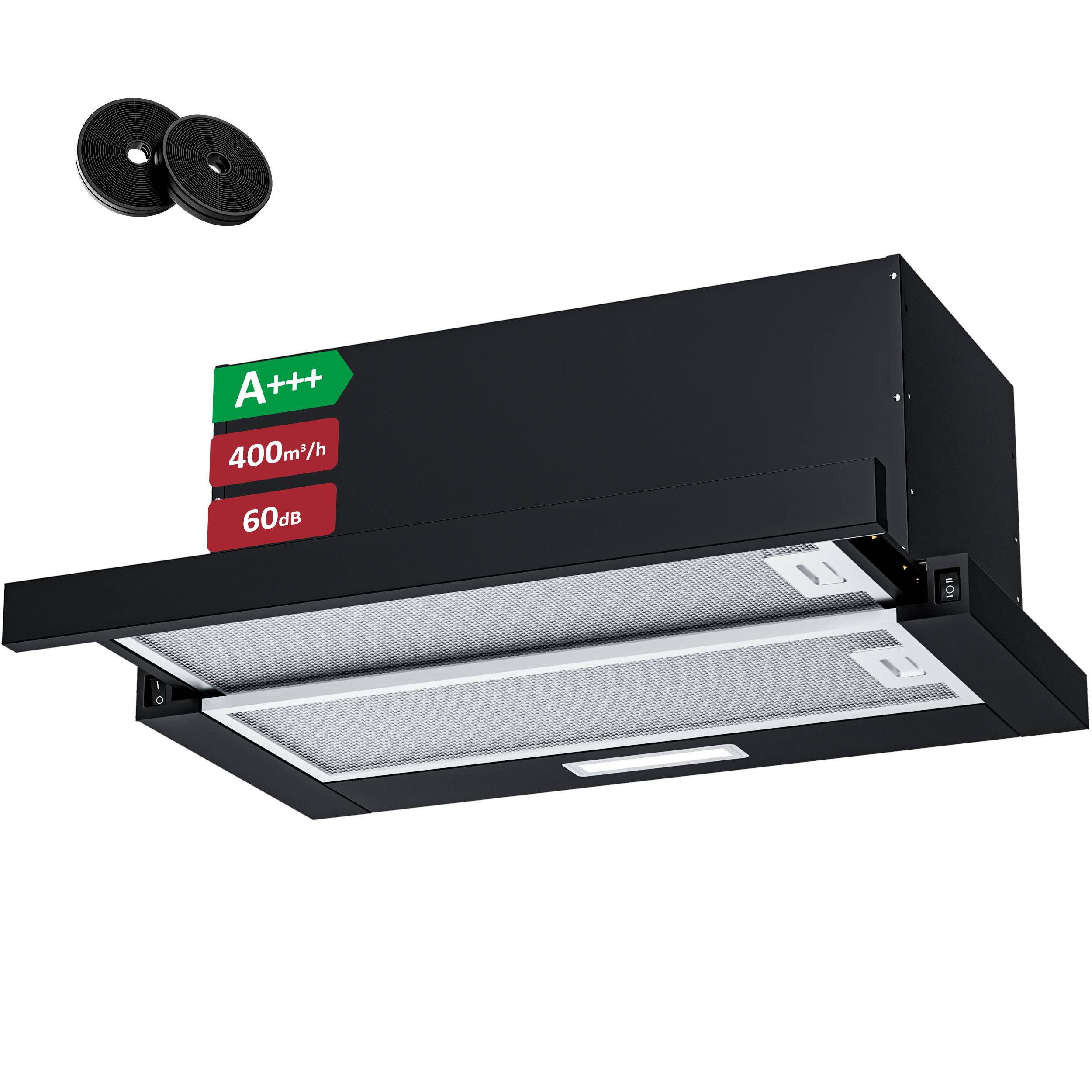 Schwarze Dunstabzugshaube für die Küche mit zwei Filtern, gekennzeichnet mit A+++, 400 m³/h und 60 dB, auf weißem Hintergrund abgebildet.