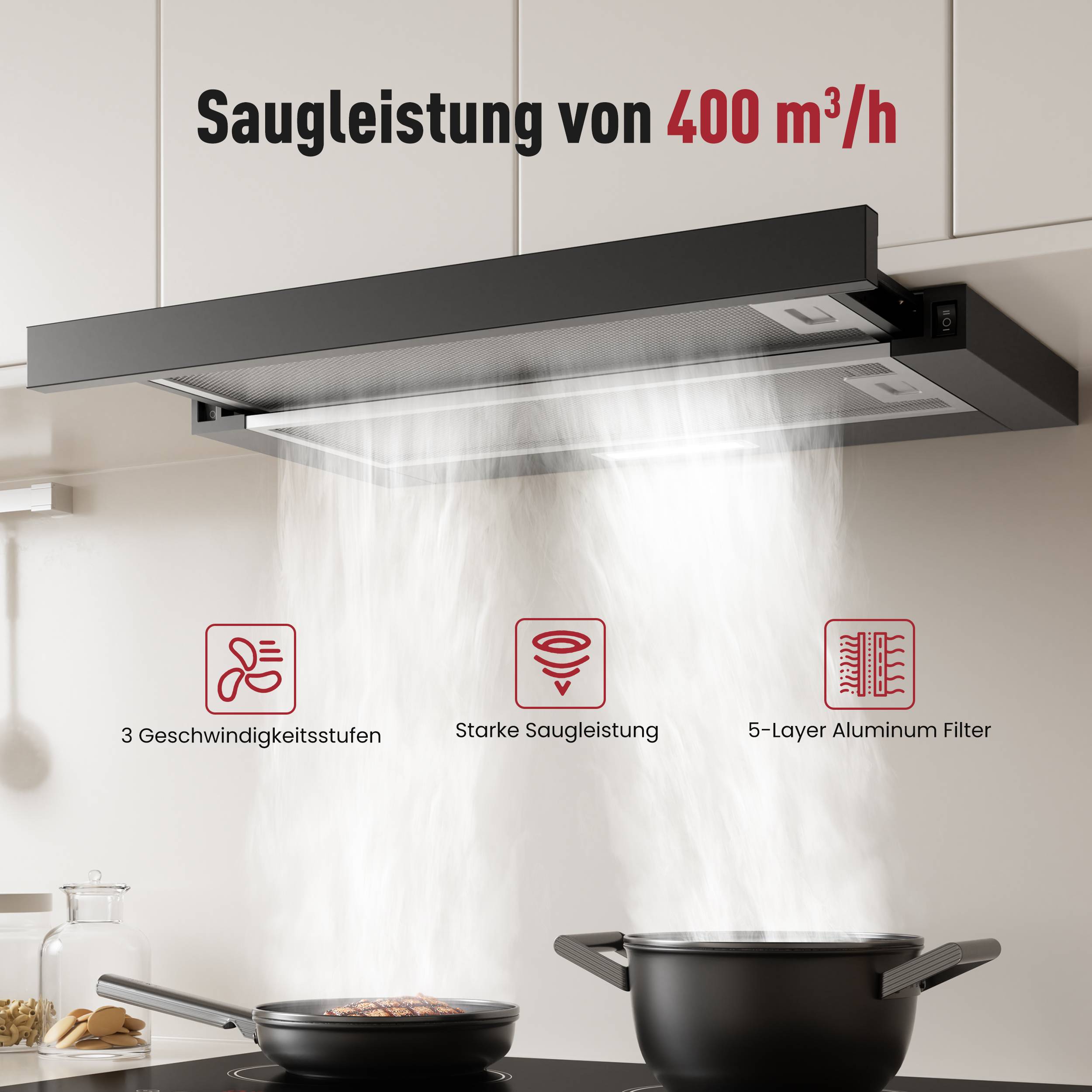 Küchenabzugshaube mit beworbener 'Saugleistung von 400 m³/h', die starke Saugkraft zeigt, 3 Geschwindigkeitsstufen und einen 5-lagigen Aluminiumfilter über einem Kochtopf.