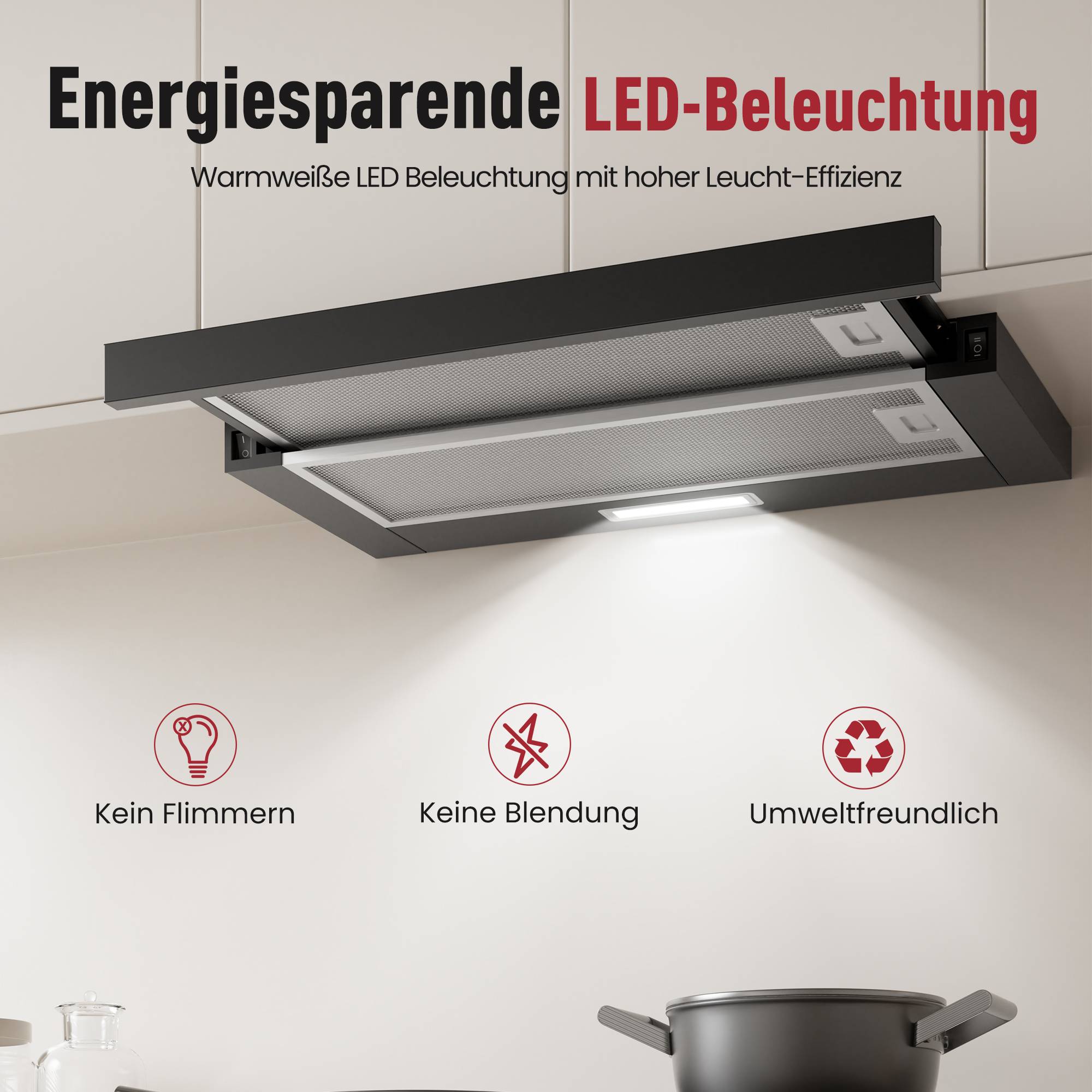 Levivo Flachschirmhaube A+++ Dunstabzugshaube 60cm mit 400m³/h, LED