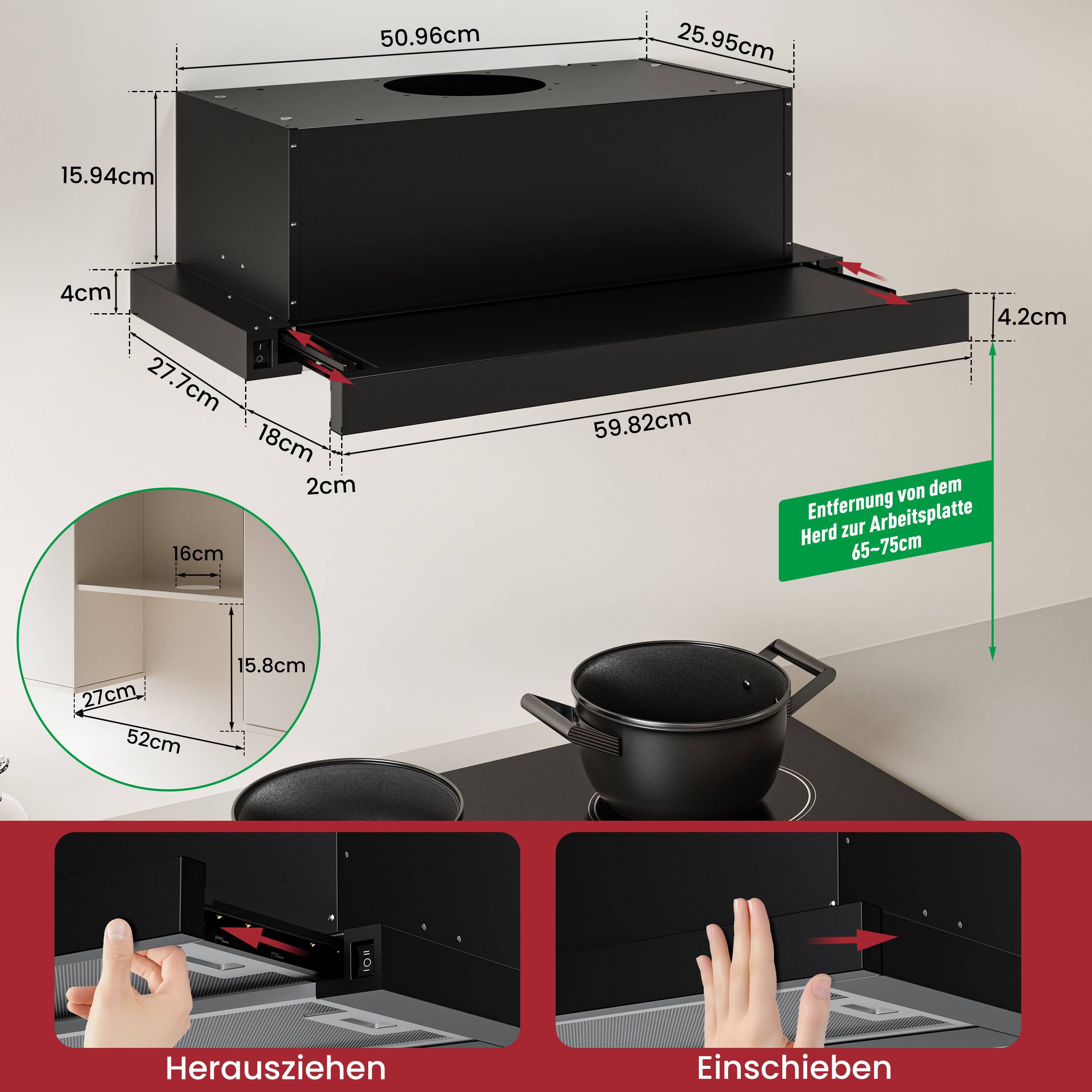 Produktdiagramm einer schwarzen ausziehbaren Dunstabzugshaube für die Küche mit Maßstäben, zeigt Abmessungen und verstellbare Installationshöhe über einem Herd.