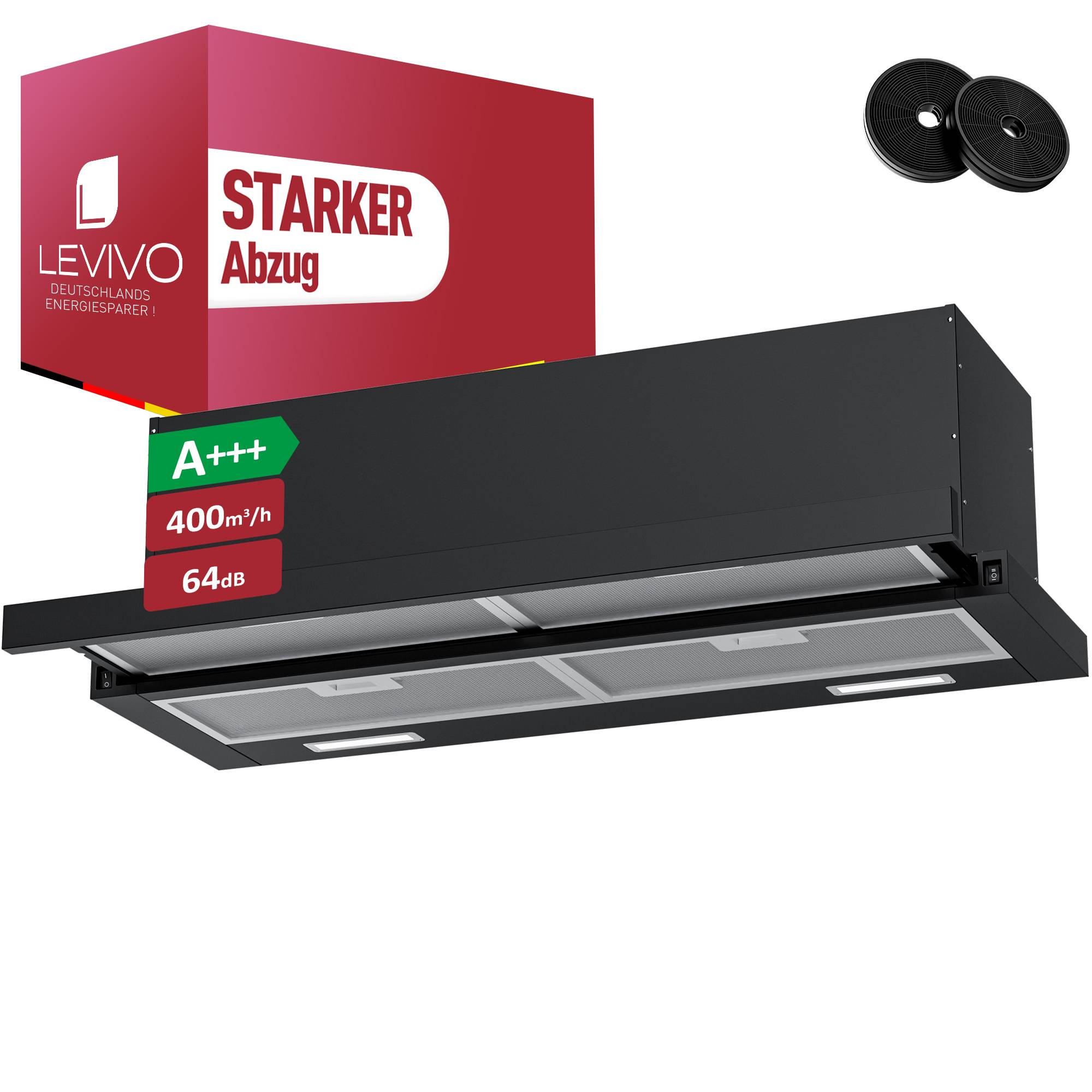 Schwarze LEVIVO Küchenabzugshaube mit roter Verpackung, gekennzeichnet mit 'STARKER Abzug', A+++, 400 m³/h, 64 dB; zwei Filter werden gezeigt.