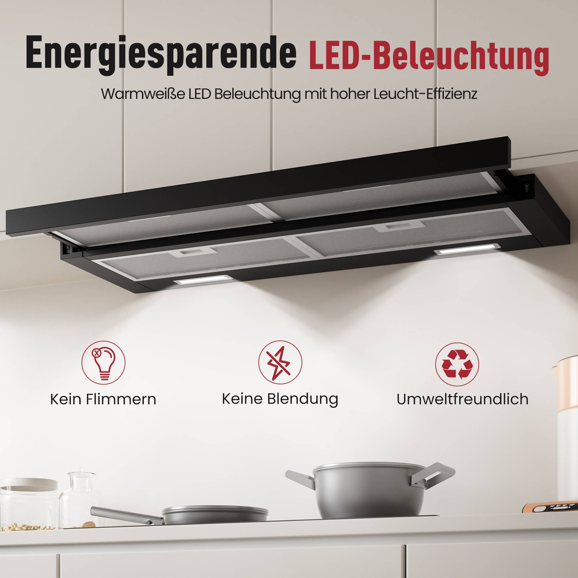 Anzeige für energiesparende LED-Beleuchtung mit warmweißem Licht und hoher Effizienz; Symbole zeigen kein Flimmern, keine Blendung und umweltfreundlich.