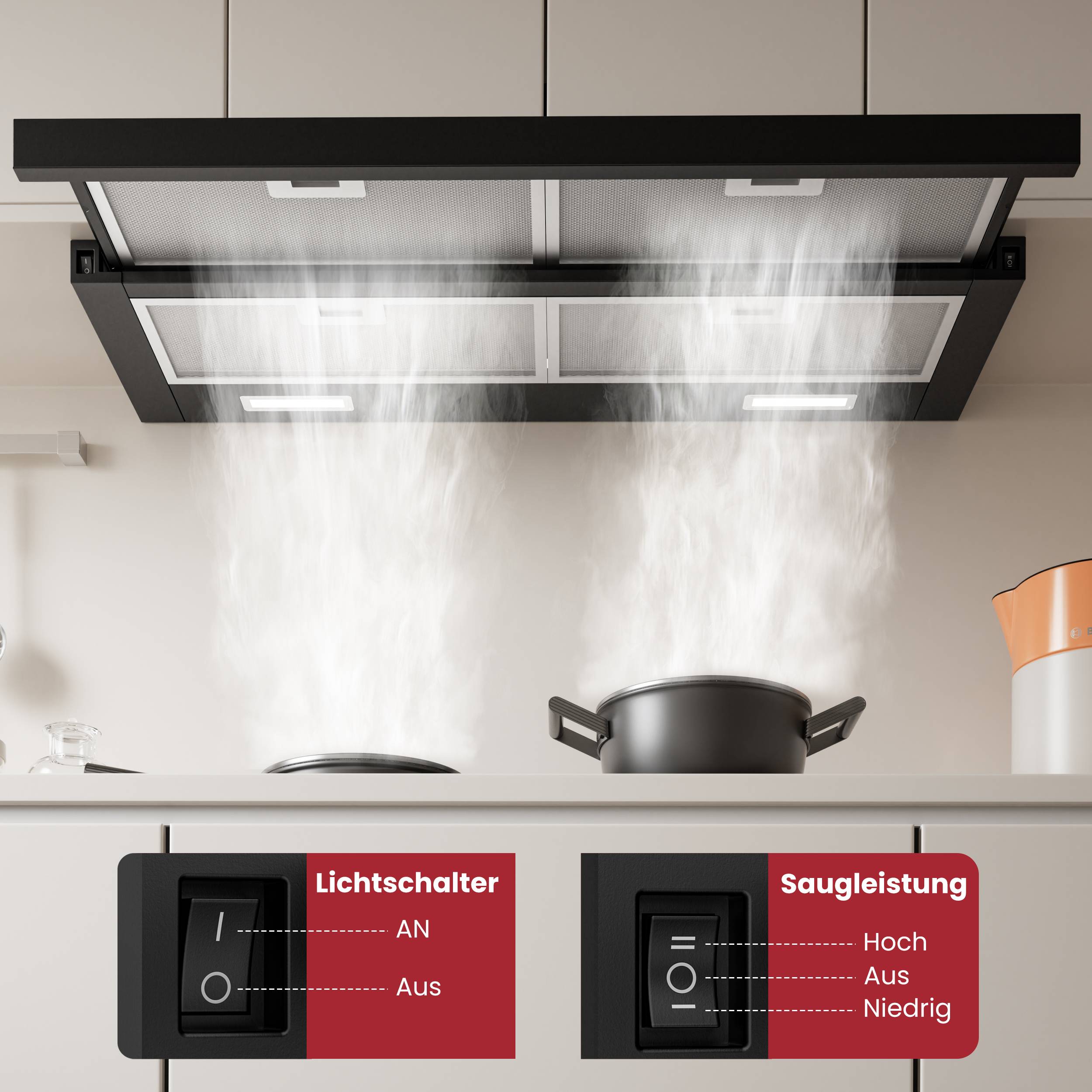 Dunstabzugshaube über dem Herd mit dichtem Wasserdampf; mit Bedienelementen gekennzeichnet für „Lichtschalter
