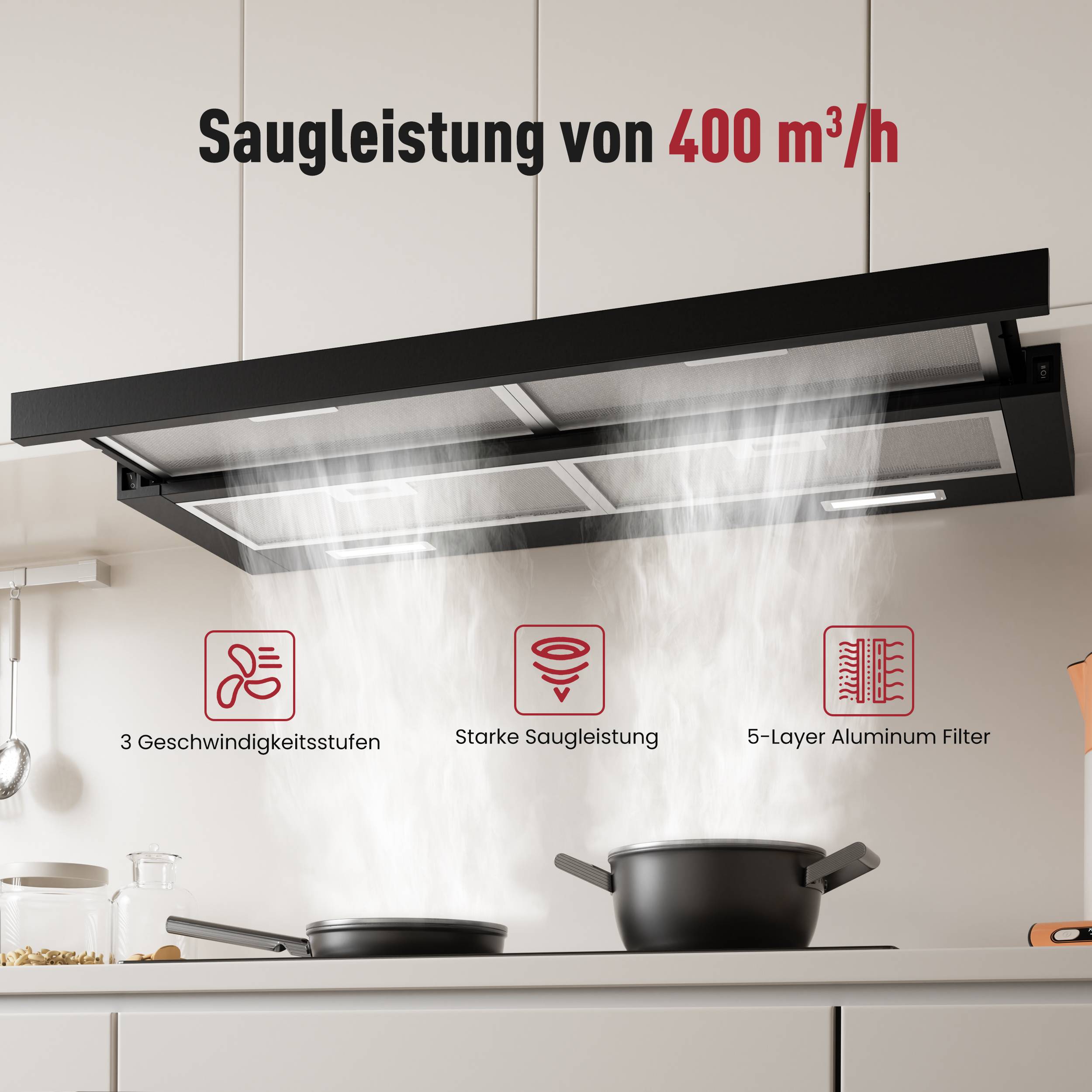 Dunstabzugshaube mit der Aufschrift „Saugleistung von 400 m³/h