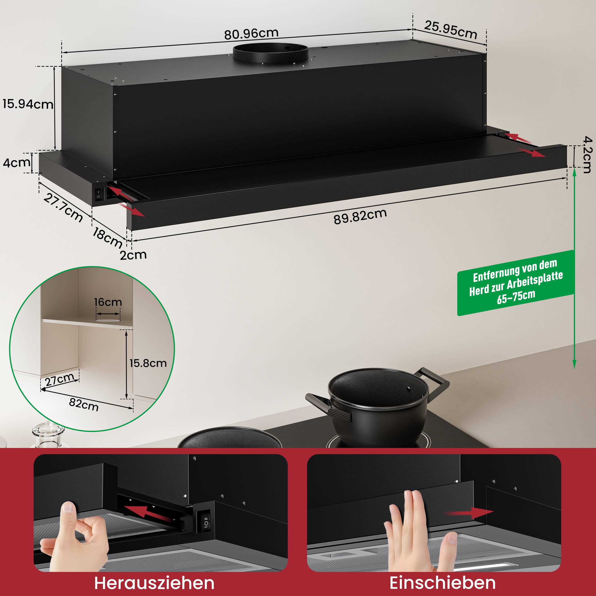 Produktdiagramm einer schwarzen ausziehbaren Dunstabzugshaube mit Abmessungen, das zeigt, wie sie über einem Herd heraus- und hineingeschoben wird; enthält Schrankmaße und Hinweis zum erforderlichen Freiraum.